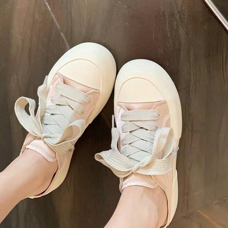 Campus Diary~ Summer Fresh Round Head Satin Thick Lace-Up Platform White Shoes Women