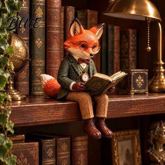 Forest Theme Room Statue with Figurine Reading Resin Fox Accessories Vintage A Book Dangling Small