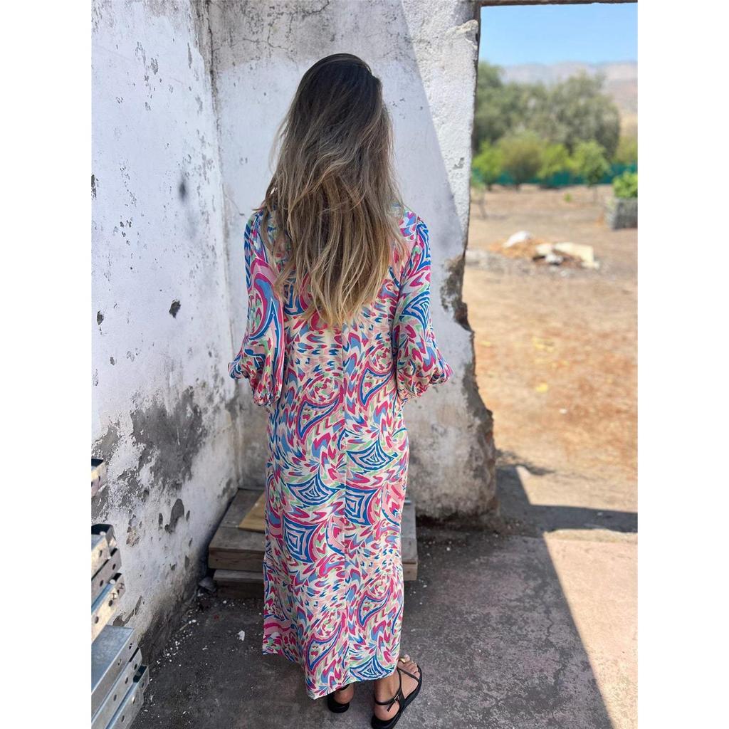 Women's Long-sleeved V-neck Casual Loose Long Printed Dress