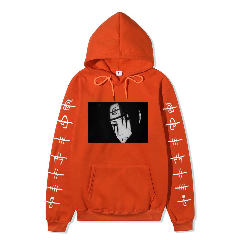 Anime Naruto Itachi Uchiha Hoodie Double Sleeve Symbol Print Character Front Print Pullover Sweatshirt Men Women Streetwear