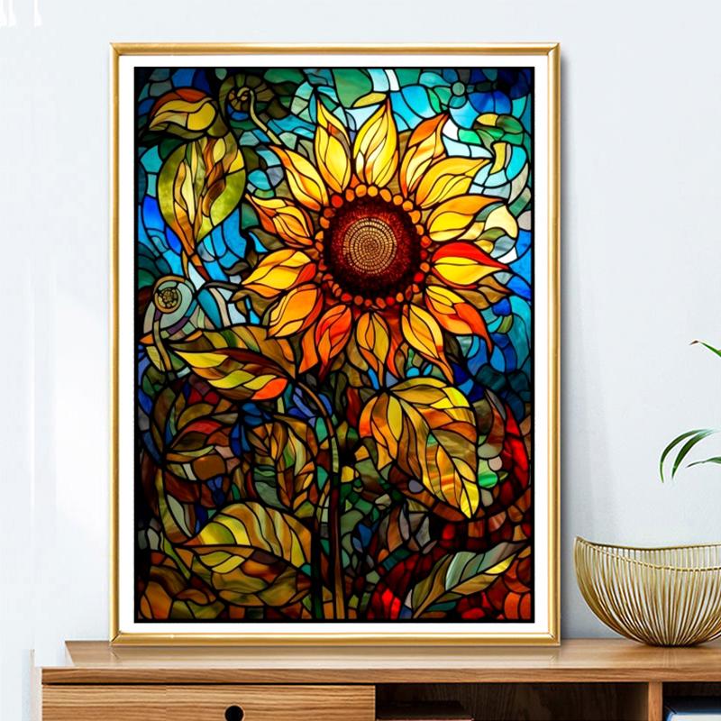 5d DIY Diamond Painting Cross Stitch Colored Glass Sunflower Diamond Embroidery Mosaic Full Round Drill Home Decor Arts