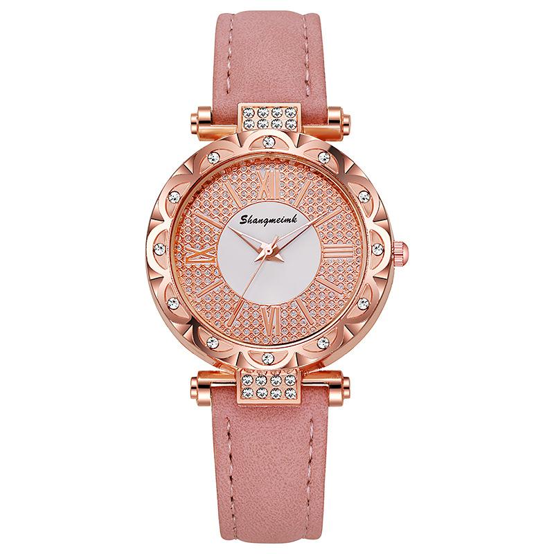 

Женские кварцевые часы с циферблатом со стразами, кожаный ремешок, наручные часы розовый