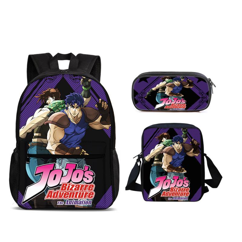 JoJo's Bizarre Adventure Sac à Dos Trousse à Crayons Sac Bandoulière Ensemble 3 pièces Polyvalent Grande Capacité Garçon et Fille École Anniversaire Meilleur Cadeau