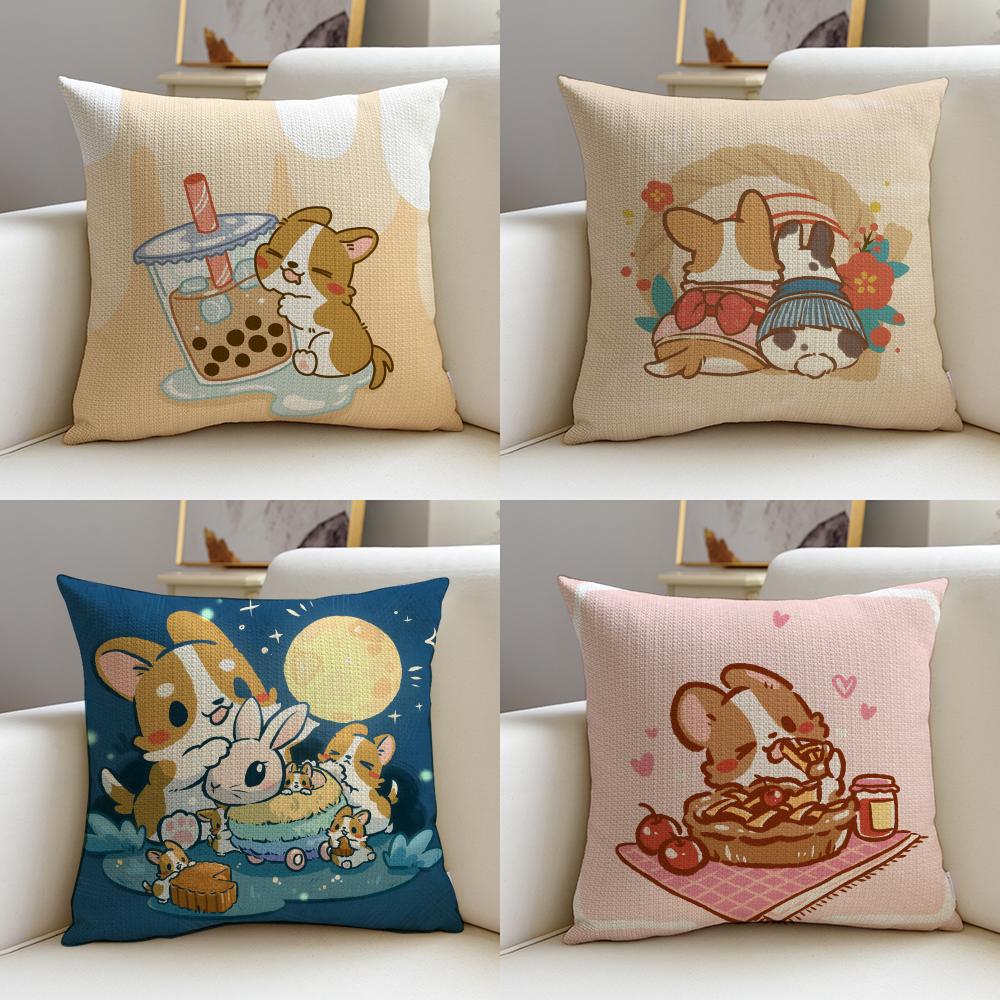 Cozy Llazy corgiS Cushion Cover Breathable and skinfriendly linen pillowcase square removable and washable cushion