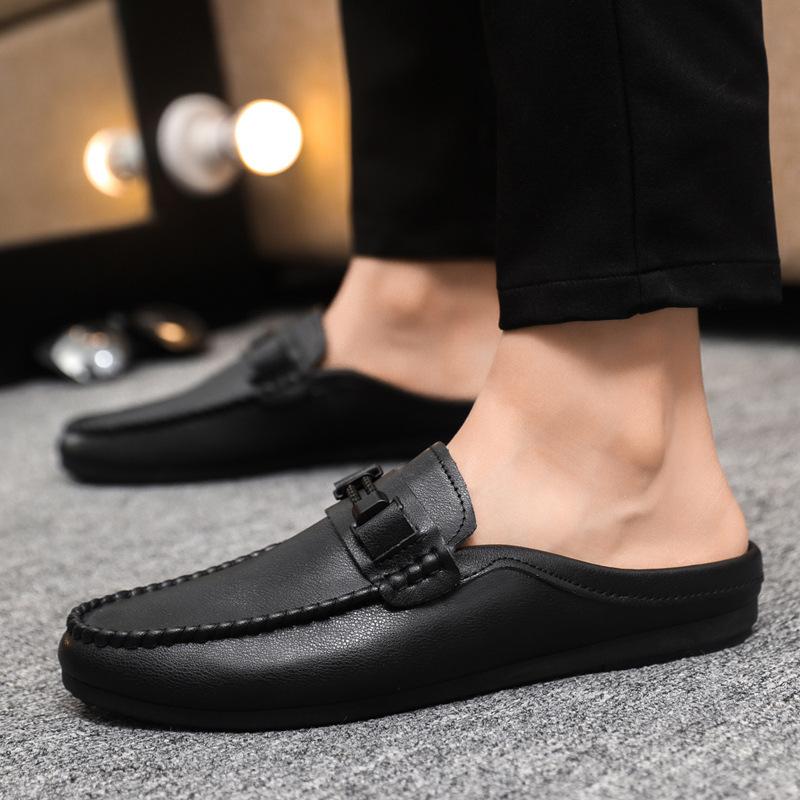 Summer Leather Men Half Slippers Breathable Mens Casual Shoes Slip-on Lazy Driving Shoes Comfortable Walking Loafers Moccasins