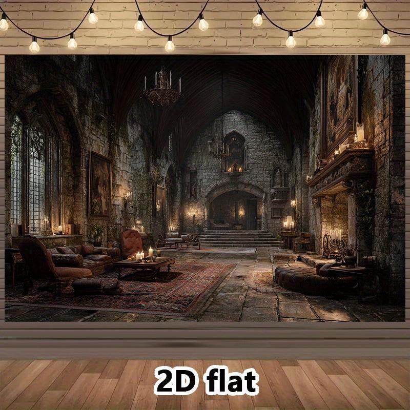 Stendardo piatto 2D 1 pezzo - Sfondo di castello medievale vintage per decorazioni murali - Stendardo in poliestere 2D per decorazione domestica