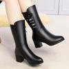 Fashion Autumn Winter Fleece-Lined Leather Round Toe Mid Calf Shoes Woman Gothic Fashion 2025 Middle Heel Warm Half High Boots for Women