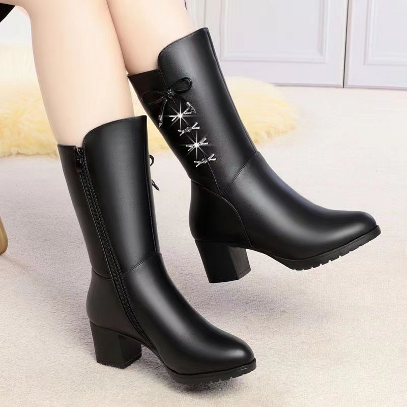 Fashion Autumn Winter Fleece-Lined Leather Round Toe Mid Calf Shoes Woman Gothic Fashion 2025 Middle Heel Warm Half High Boots for Women