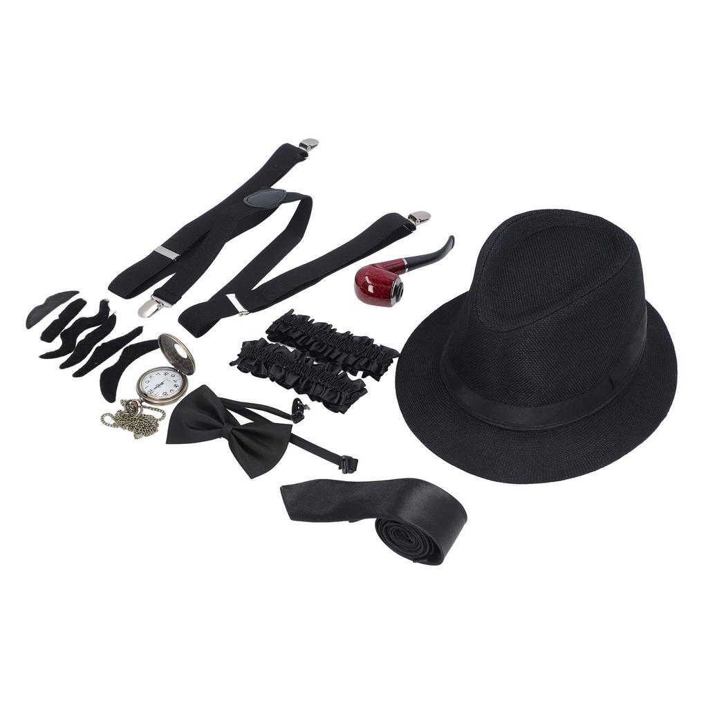 8 Pieces 1920s Grandpa Old Man Costumes Set with Suspenders Hat Watch Pipe Bow Tie Glasses Beard Kids 100 Days School