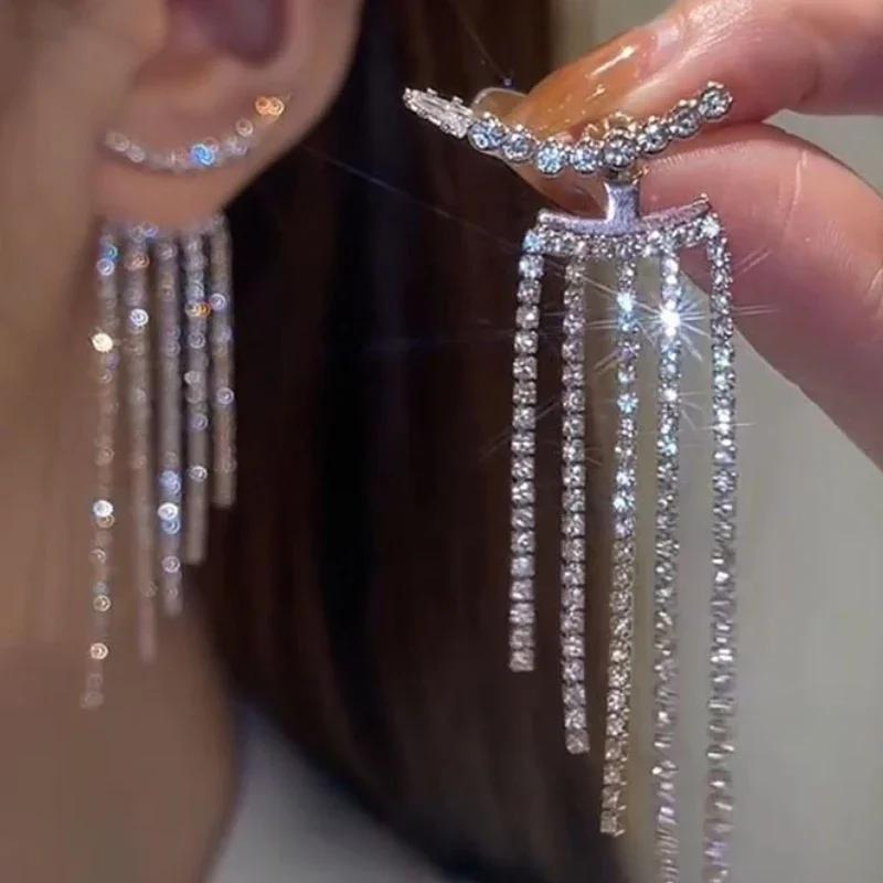 Luxury Women's Earrings Rhinestone Fringe Hanging Zircon Earrings New Shiny Wedding Statement Party Fashion Zircon Gifts 2024