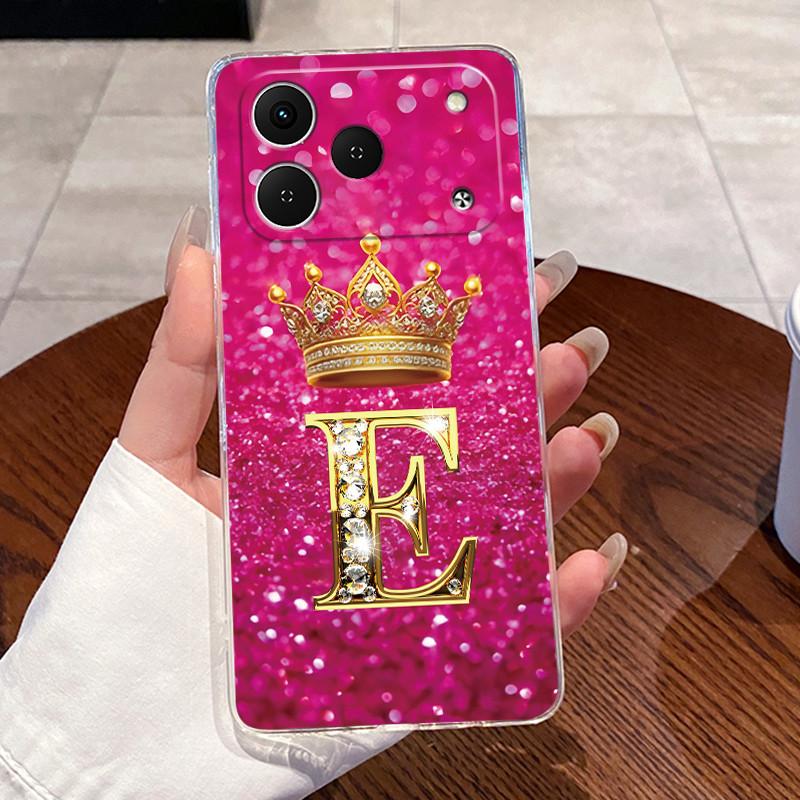 Phone Case For Tecno Spark 50 Bumper Transparent TPU Shockproof Soft Casing Crown Lucky Initial Letter Pattern Couple Shell
