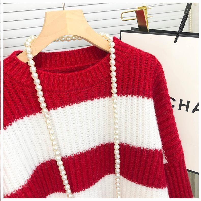 Pullover Pullover Weibliche Frühling und Herbst Streifen Pullover Mode Kontrast Slouchy Pullover Strickwaren Blase Hülse Pullover Top