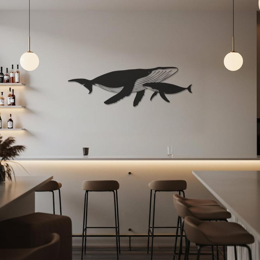 Whale Family Metal Wall Art Ocean Inspired Whale Calf Silhouette Minimalist Sea Life Decor for Living Room Office