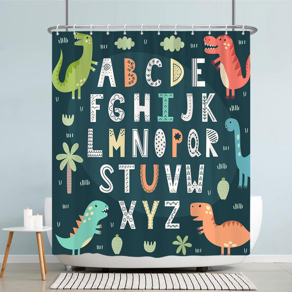 Kids Cartoon Animal Shower Curtain Funny Letters Blue Watercolour Fish Polyester Fabric Washable Shower Curtains Bathroom Decor