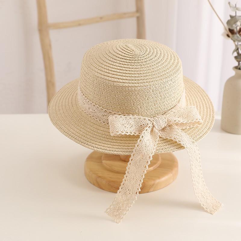 Lace Bow Straw Hat Baby Sun Hat Girls Beach Hat British Tide Top Hat Flat Top Sun Hat