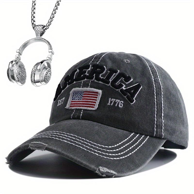 2pcs Men's Baseball Cap Necklace Set Duckweed American Flag Hat Hip-hop Necklace Pendant Net Red Baseball Cap Fashionable Hundred Matching Sun Hat