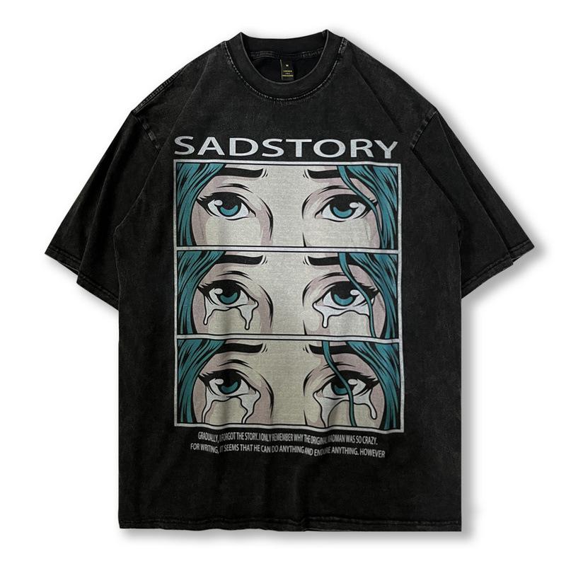 American Retro Street Vintage Cartoon Printing Washing Water Old Short-Sleeved T-Shirt Men'S And Women'S High Street National Tide Brand