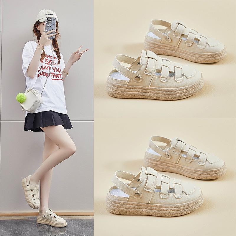 Women's Thick-Soled Roman Sandals Summer New Closed Toe Two-Way Slippers Slip-on Woven Hollowed Pitcher Plant Shoes
