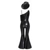 Children‘s Disco Dance Costume Sequins Tassels One Shoulder Sleeveless High Waist Flared Jumpsuit and Fedora Hat for Party Performance
