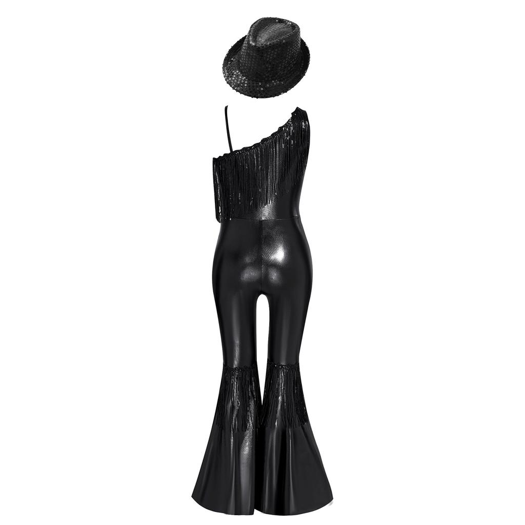 Girls Jazz Dance Jumpsuit Sleeveless One Shoulder with Sequins Tassels High Waist Bell Bottoms and Fedora Hat for Pageant Banquet