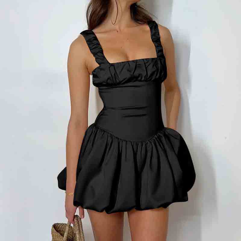 European and American women's clothing French fashion shrunken puffy dress 2026 summer new suspender short skirt black