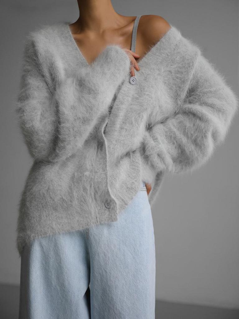 Women's 2025 Autumn Winter Faux Mink Knit Cardigan V Neck Long Sleeve Loose Casual Sweater Coat