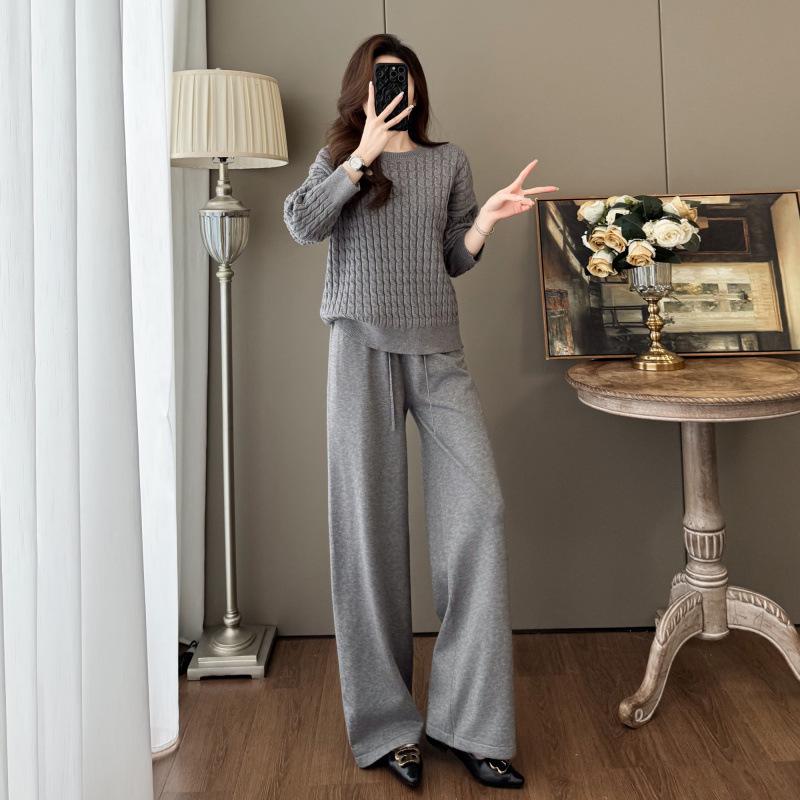 7703 Autumn/Winter New Fashion Cozy Cable Knit Sweater & Wide-Leg Pants Set