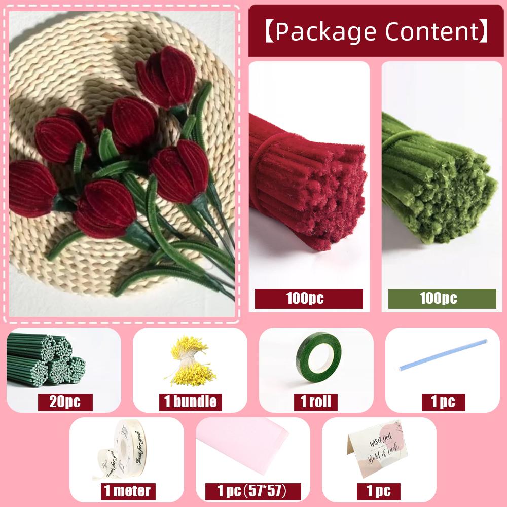 200PCS Tulip Pipe Cleaners for Craft, Chenille Stems with Flower Pole, Flower Core & Gardening Tape, Arts & Crafts for DIY