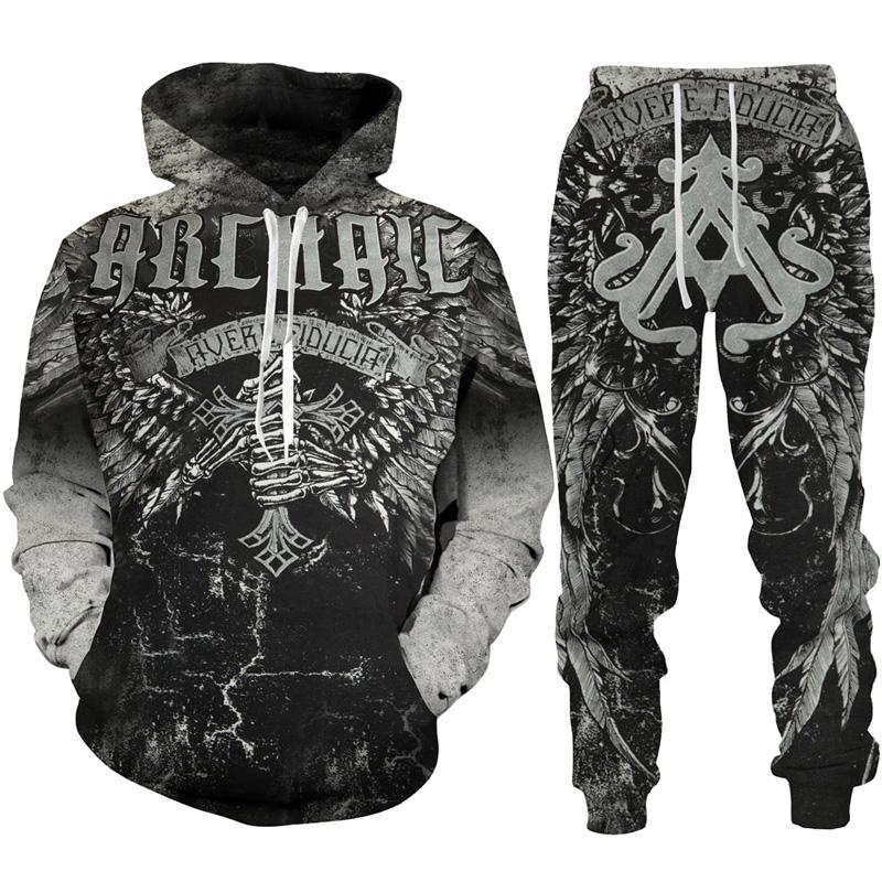 Felpa con cappuccio/tuta con stampa 3D con tatuaggio teschio gotico, moda uomo, motociclista, abbigliamento sportivo, felpa con grafica accattivante + pantaloni
