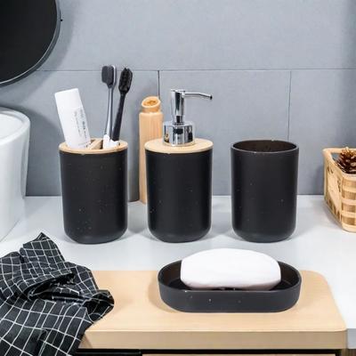4Pcs/Set Soap Dispenser Box Toilet Brush Lotion Bottle Trash Can Bamboo Plastic Bathroom Storage Set Toothbrush Cup Holder