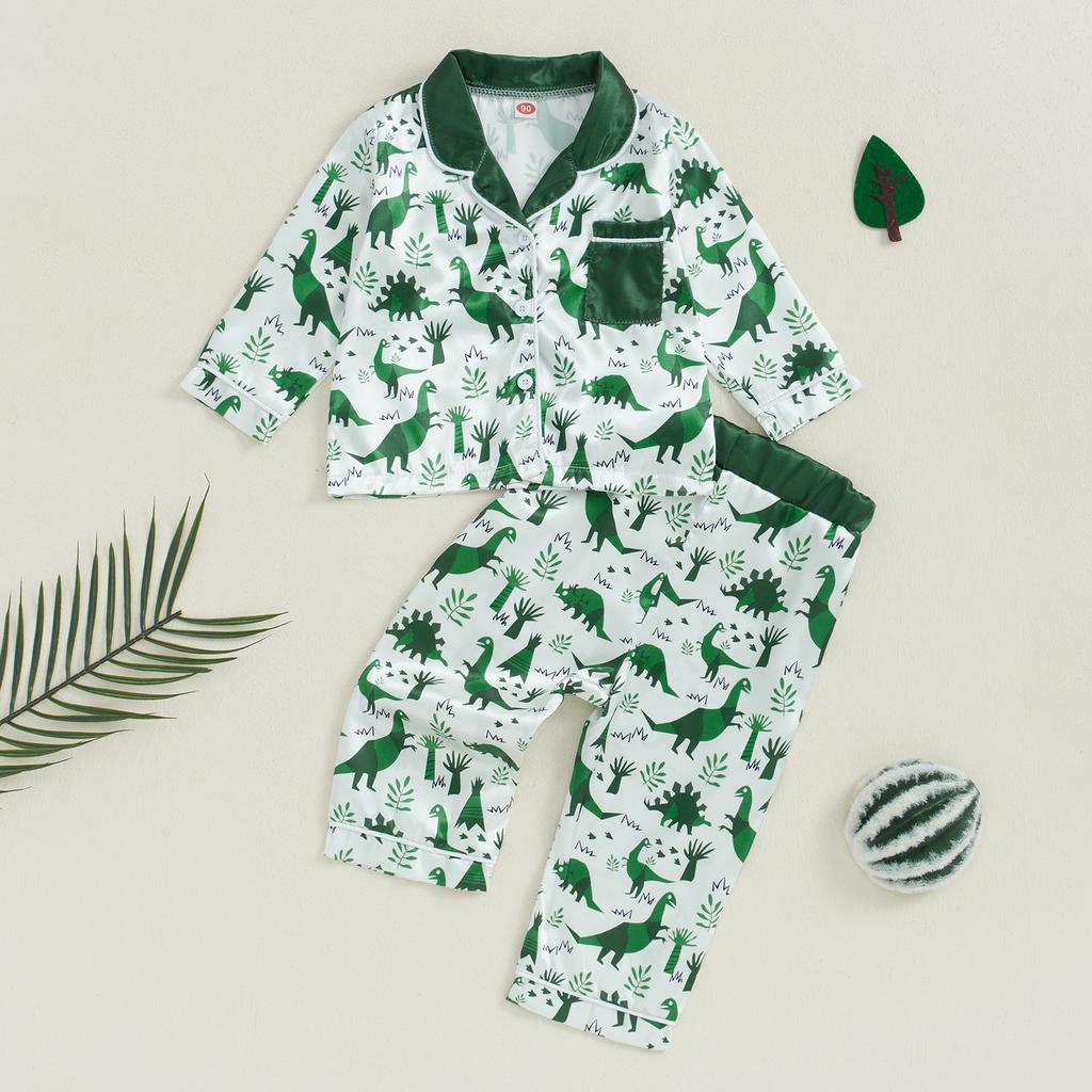 Pyjama-Sets für kleine Jungen Reverskragen zum Knöpfen Oberteile Elastischer Bund Lange Hosen Dinosaurier-Druck Loungewear-Set