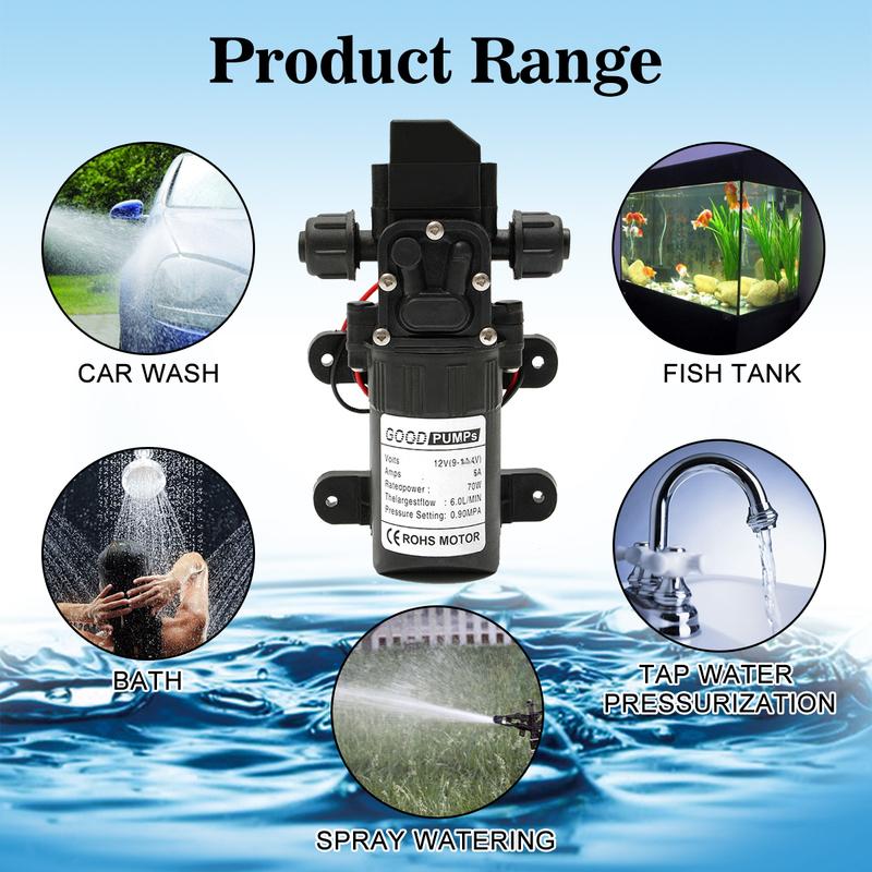 Water Pump 12V 72W 130PSI 6L/Min Stable High Pressure Diaphragm Water Pump Pressure Protection Water Sprayer for Caravan Boat
