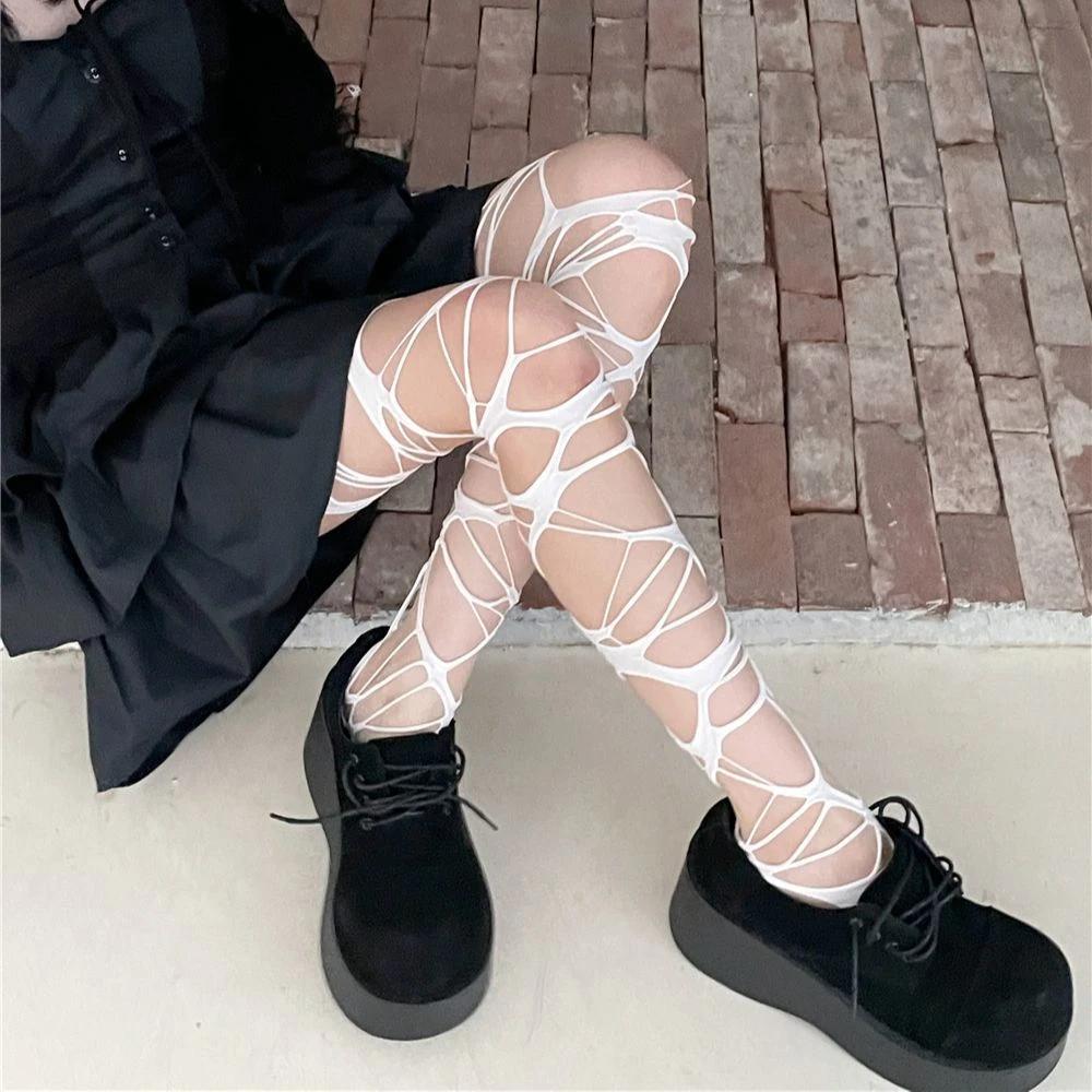 Women Punk Style Pantyhose Girl Hole Bodystockings Sexy Torn Strap Gothic Thigh Knee Socks Ragged Tights Medias Pantis De Mujer