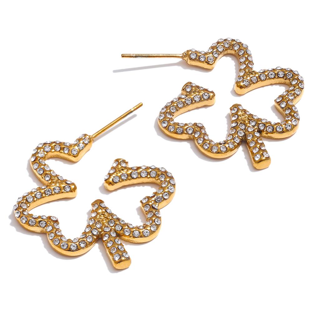 Yhpup Cubic Zirconia Flower Golden Earrings Stainless Steel Waterproof Jewelry