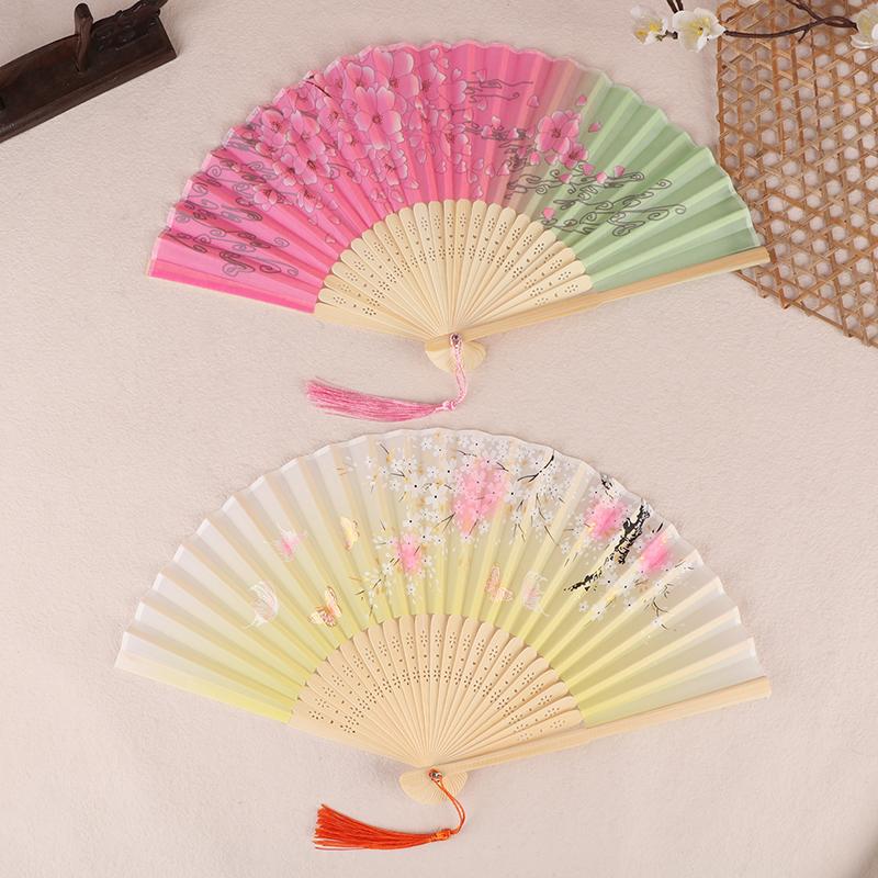 Vintage Printed Silk Folding Hand Fan Tassel Chinese Bamboo Fans Women Dance Performance Props Home Decoration Ornaments