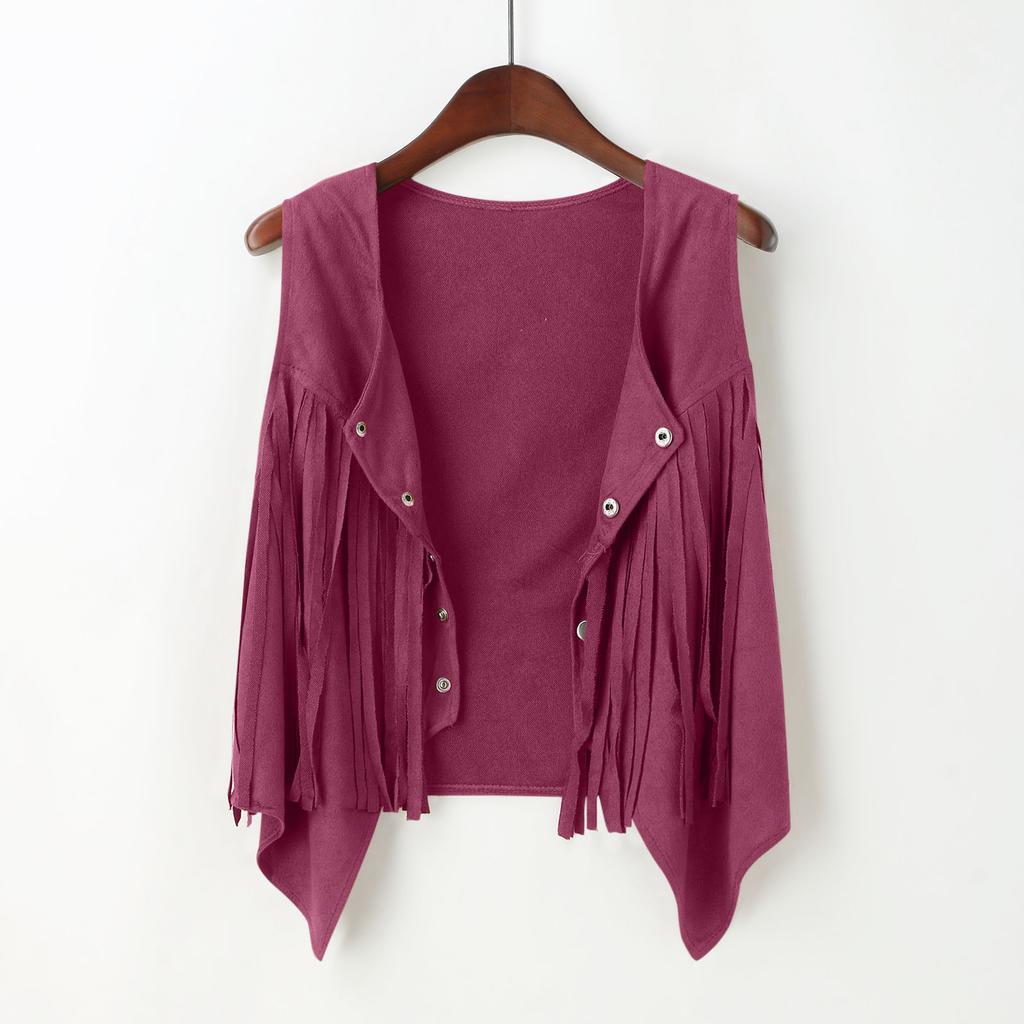 Dames Vest Kort Casual met Franjes en Knopen: Effen kleur, Slim fit, Kraag met halve knoopsluiting