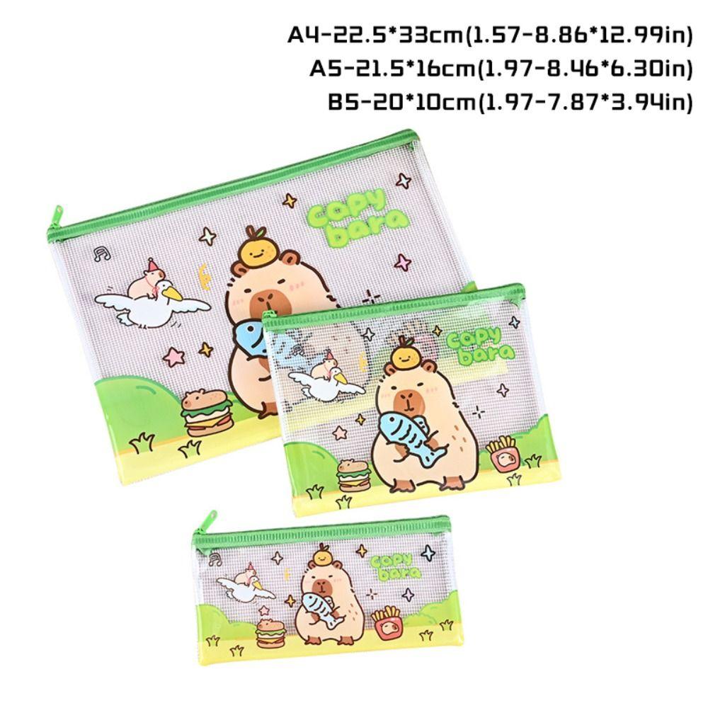 3PCS Cartoon PVC Mesh File Bag Capybara Large Capacity Zipper Pen Bag Waterproof Transparent Grid Storage Bag