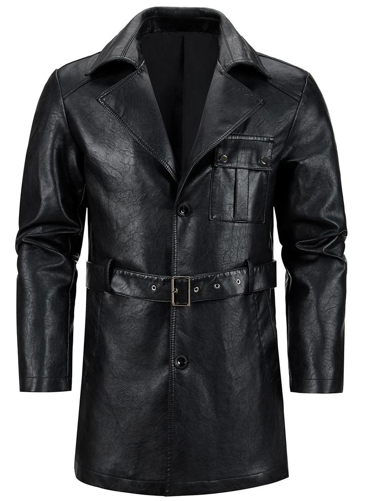 Men's Korean Style PU Leather Mid-Length Windbreaker Jacket