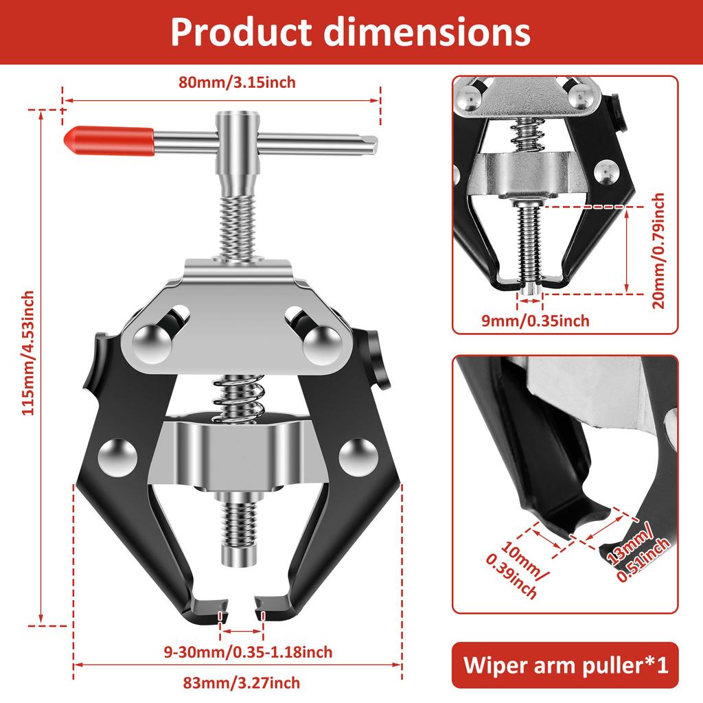 Wiper Arm Puller Tool 9-30 mm Adjustable Carbon Steel Windshield Wiper Arm Remover Puller T/L Mode for Battery Terminal Bearing