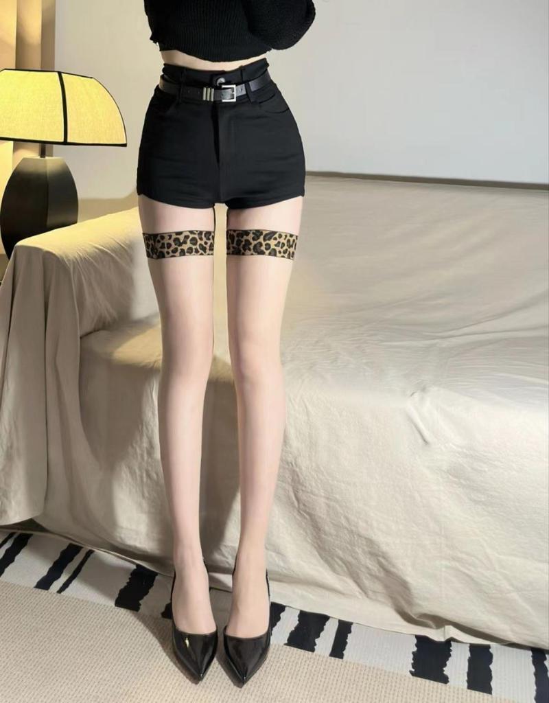 Mu Ruan Leopard Print Women's Thigh-High Stockings: Sheer, Anti-Hook, Black, Sexy Summer Style.