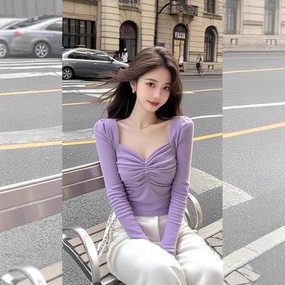 Top viola plissettato a maniche lunghe con colletto quadrato corto da donna per primavera e autunno, nuova camicia piccola slim e versatile
