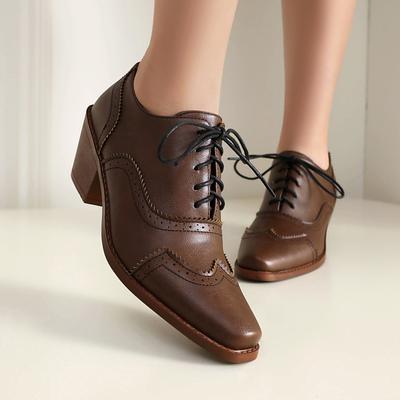 Women's Perforated Brogues Oxfords Chunky High Heels Shoes Square Toe Lace Up Vintage Pumps for Roaring 20’s Costume Party