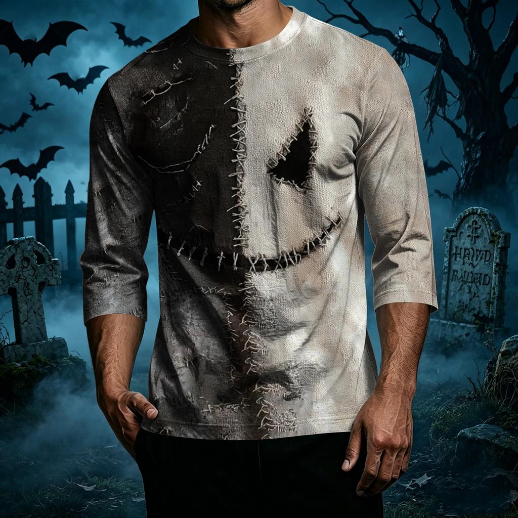 Men Casual Halloween Print Crew Neck T Shirt Three Quarter Sleeve Top Patchwork Style Comfortable Fit Lightweight Fabric