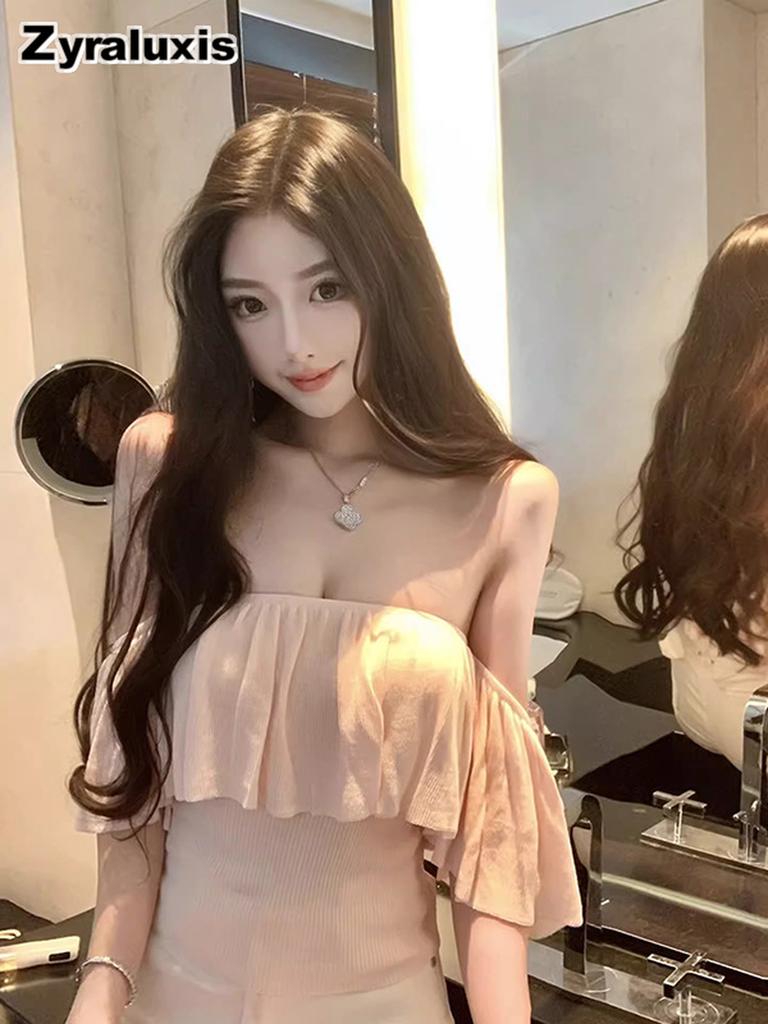 Summer Korean Yout Style Cropped Slim Fit Tube Top Shoulderless Top Pink Ruffled One-Shoulder T-Shirt for Women