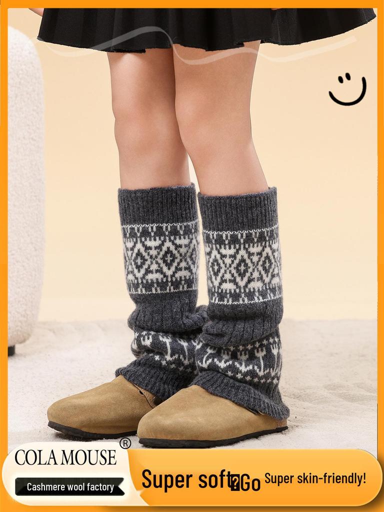 Girls' Jacquard Retro Wool Leg Warmers - Thick, Warm Mid-Calf Socks for Autumn & Winter.