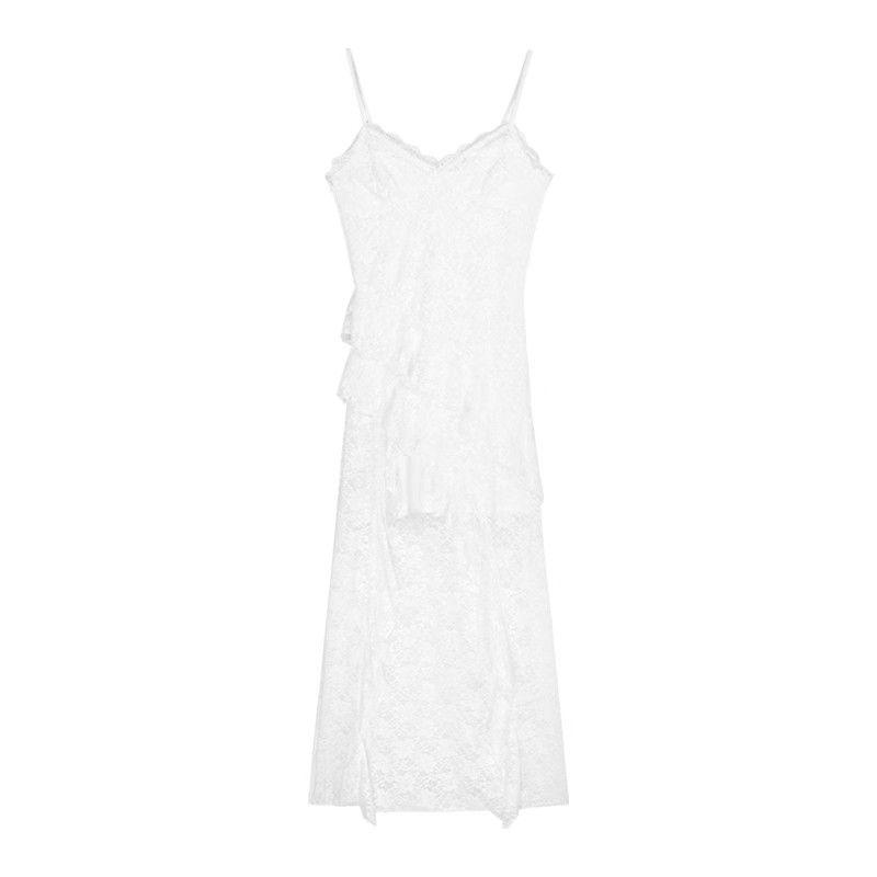 

French Lace V-neck Spaghetti Strap Dress - Irregular Hem, Waist-Cinching Midi for Summer Travel Small білий