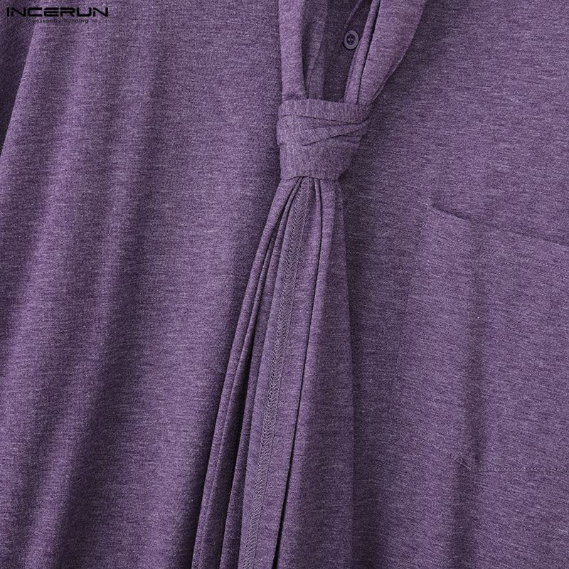 INCERUN Spring Men Tie-up Long Sleeve Casual Loose Oversized Pullover T-shirts Tops