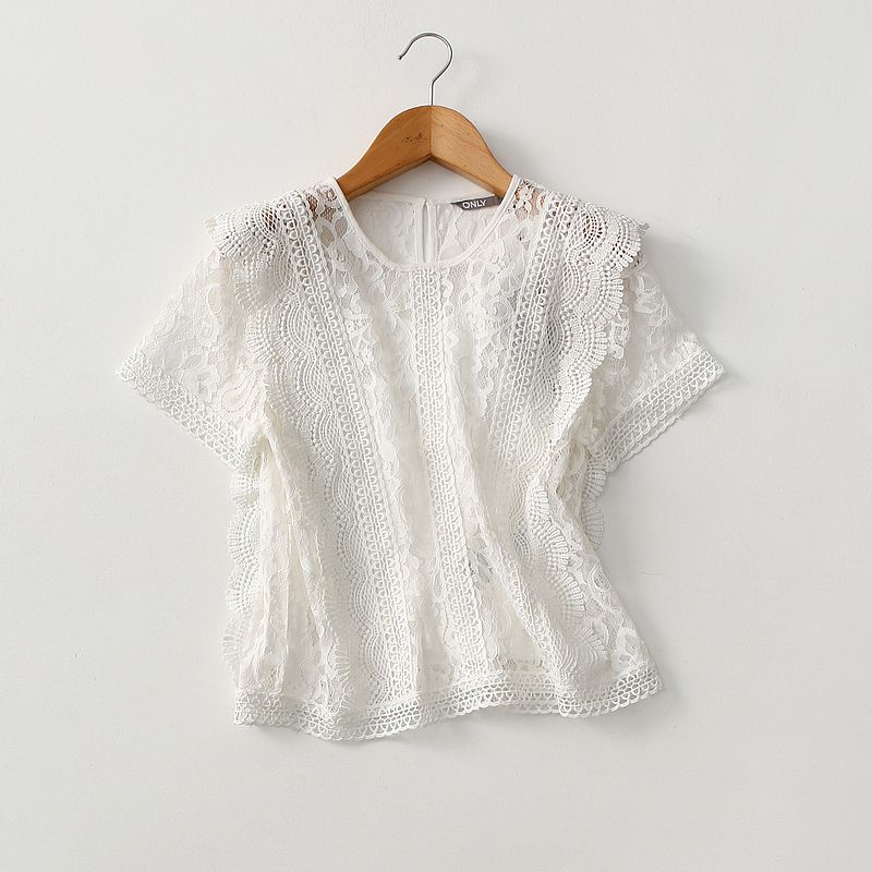 

Foreign Trade Original Order Seersucker Textured Lace Shirt Lace Cutout Short Shirt Short Sleeve Easiest for Match Tops Export Women s Clothing Black Eurocode-XS (Bust size 86)