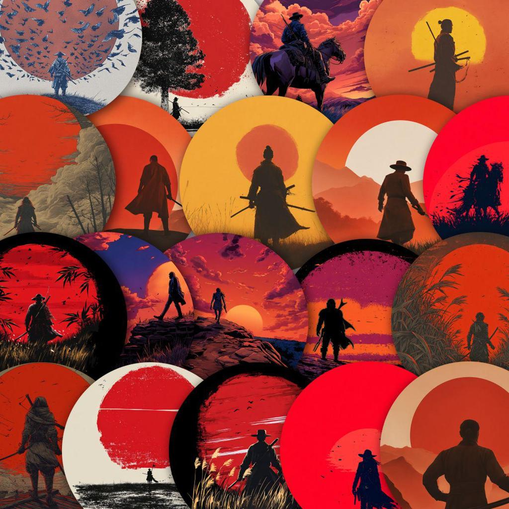 50 Sunset Samurai Graffiti Stickers: Artistic Retro Decorations for Phone Cases, Water Bottles, and Computers.