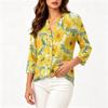 Women's Vintage Floral Print Henley Button Neck Shirt Three Quarter Sleeve Cotton Linen Blend Casual Top